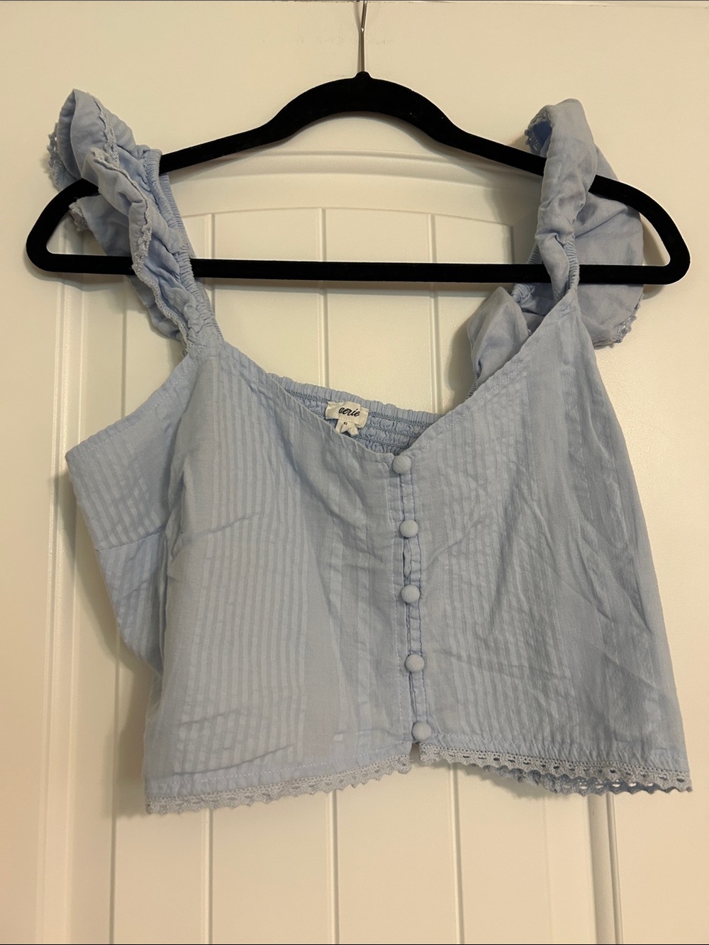 aerie Pale Blue Ruffle Strap Button Crop Top